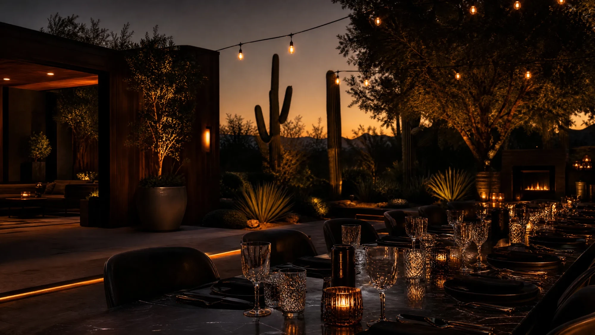 A candlelit desert table set for a gathering at dusk