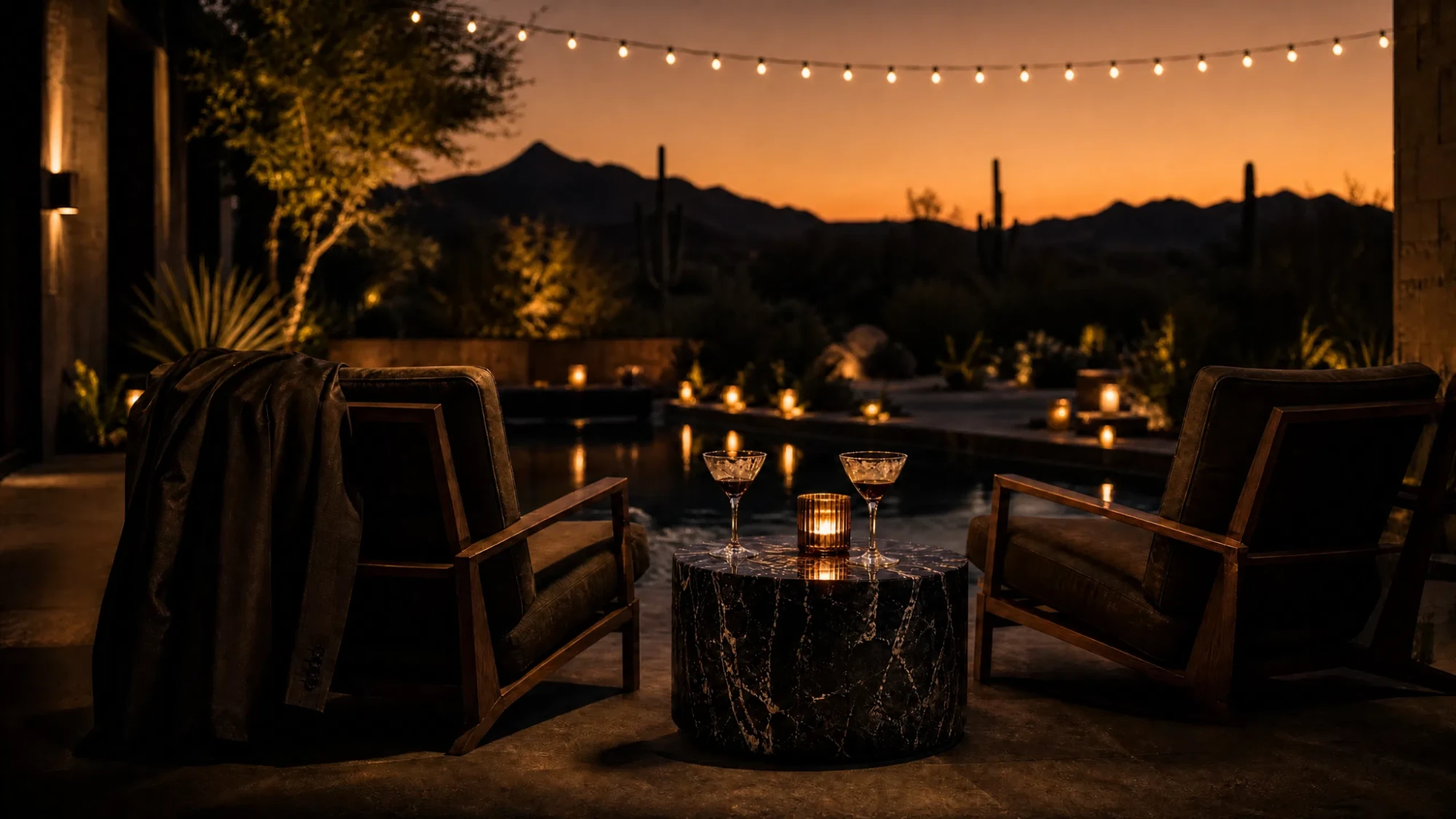 Two seats and martinis by a pool at sunset — stay a little longer