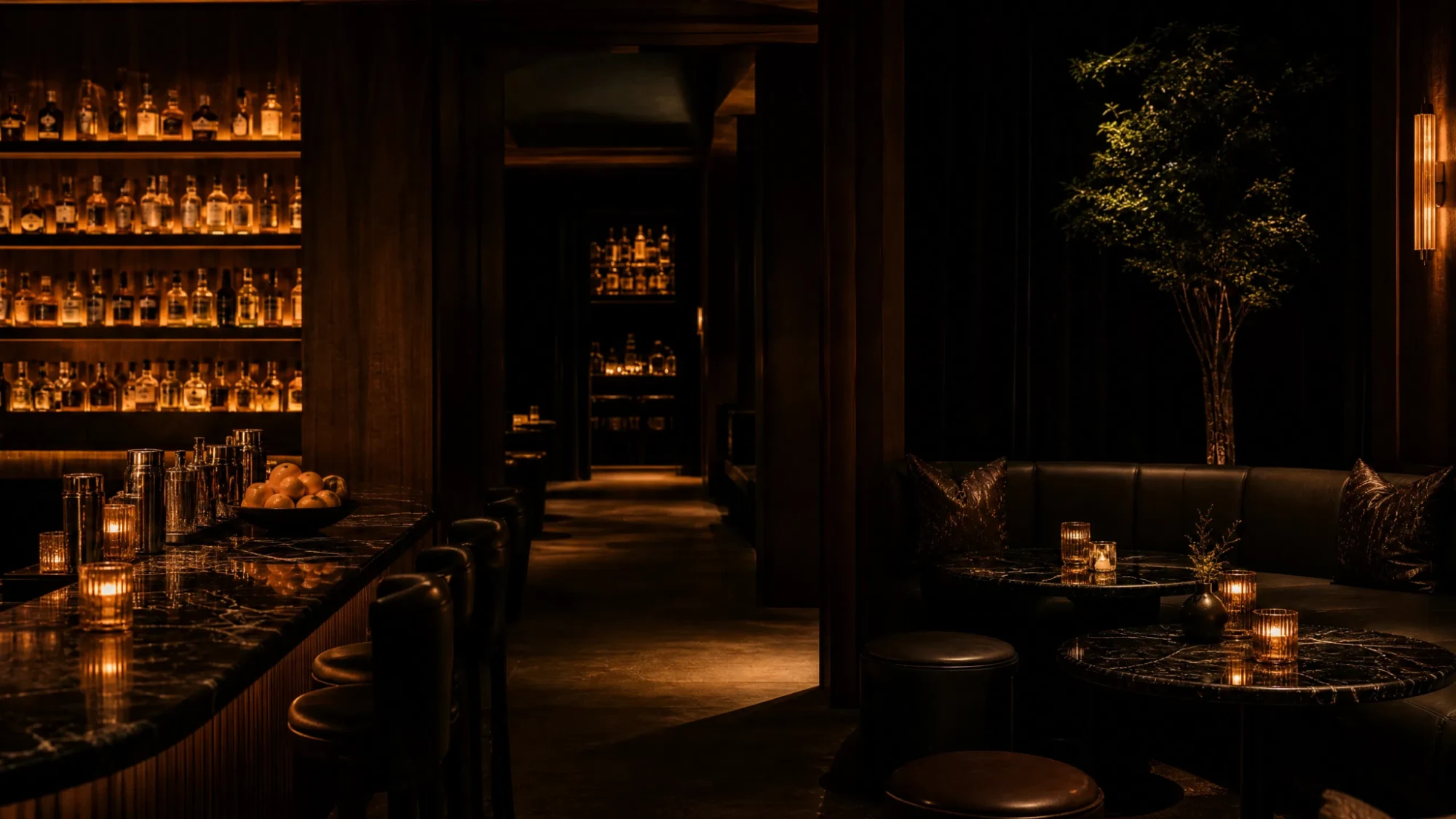A candlelit cocktail lounge as the night begins