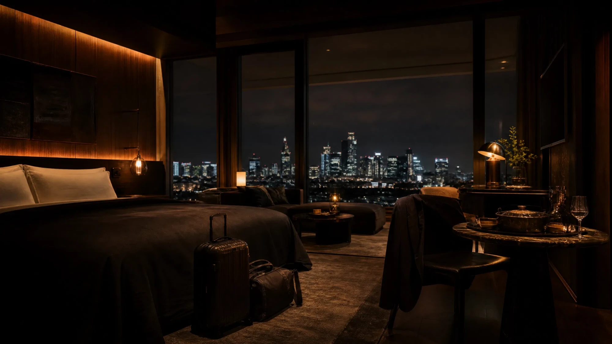 A warm hotel suite above the city at night — arrival