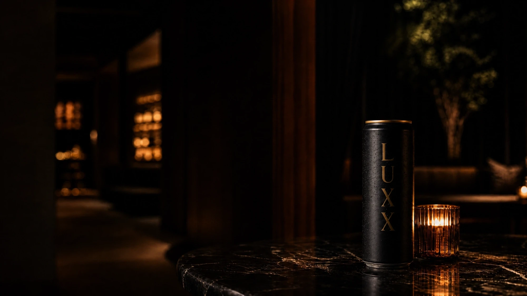 A chilled LUXX espresso martini can on dark marble beside candlelight in a low-lit lounge